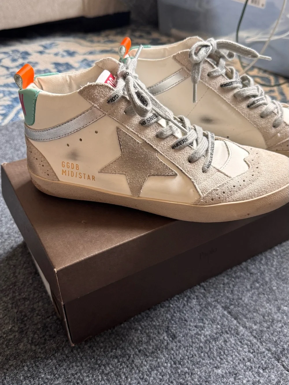 Golden Goose Mid Star High Top Sneakers White Silver Glitter EU 38 Distressed - Picture 2 of 10